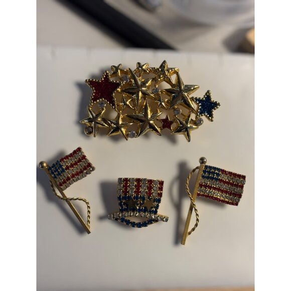 4 piece Patriotic Brooch Pin Set Collection With Stars & Stripes Design Red/Blue - Picture 11 of 16
